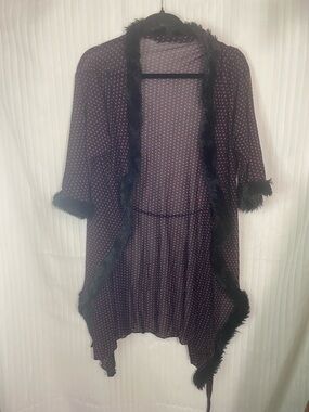 Polka Dot Faux-Fur Trim Sleep Robe - Black with Pink Dots